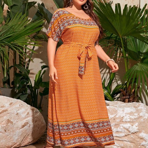 PLUS Orange Tribal Print Maxi Dress Belted - Picture 3 of 6